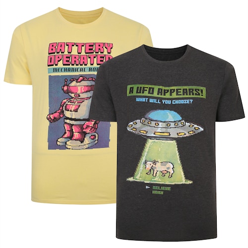 Bigdude Twin Pack T-Shirts mit Retro-Print, Anthrazit/Gelb, groß